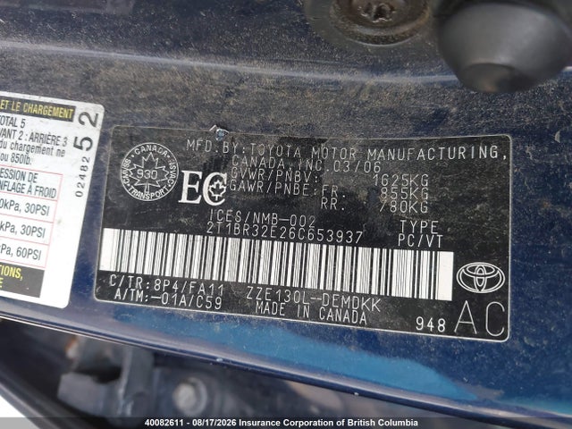 Продажа на аукционе авто 2006 Toyota Corolla Ce/le/sport, vin: 2T1BR32E26C653937, номер лота: 40082611