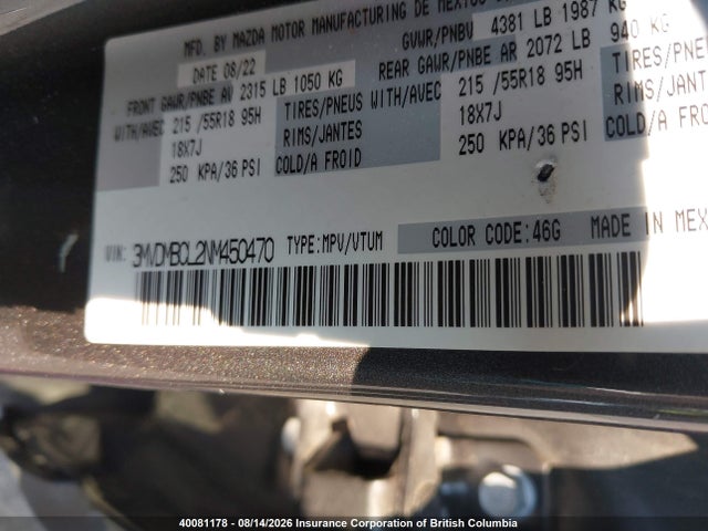 40081178 :رقم المزاد ، 3MVDMBCL2NM450470 vin ، 2022 Mazda Cx-30 Preferred مزاد بيع