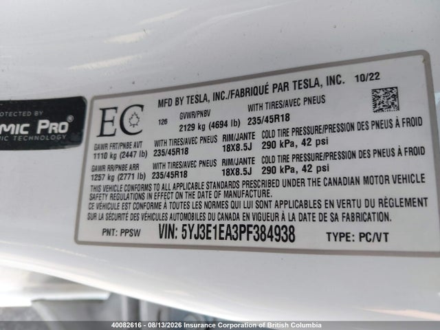 Aukcja sprzedaży 2023 Tesla Model 3, vin: 5YJ3E1EA3PF384938, numer aukcji: 40082616