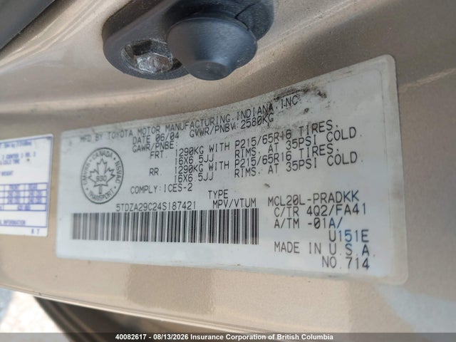 40082617 :رقم المزاد ، 5TDZA29C24S187421 vin ، 2004 Toyota Sienna Ce مزاد بيع