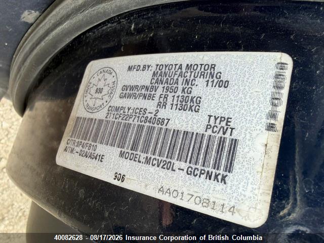 Aukcja sprzedaży 2001 Toyota Camry, vin: 2T1CF22P71C840687, numer aukcji: 40082628