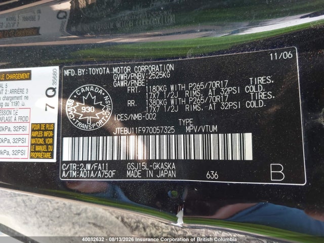 Aukcja sprzedaży 2007 Toyota Fj Cruiser, vin: JTEBU11F970057325, numer aukcji: 40082632
