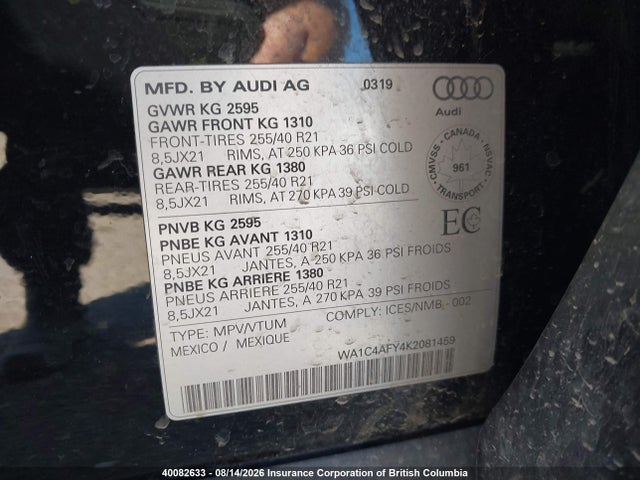 40082633 :رقم المزاد ، WA1C4AFY4K2081459 vin ، 2019 Audi Sq5 مزاد بيع