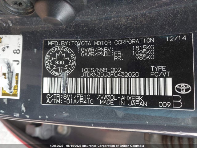 40082639 :رقم المزاد ، JTDKN3DU3F0432020 vin ، 2015 Toyota Prius مزاد بيع