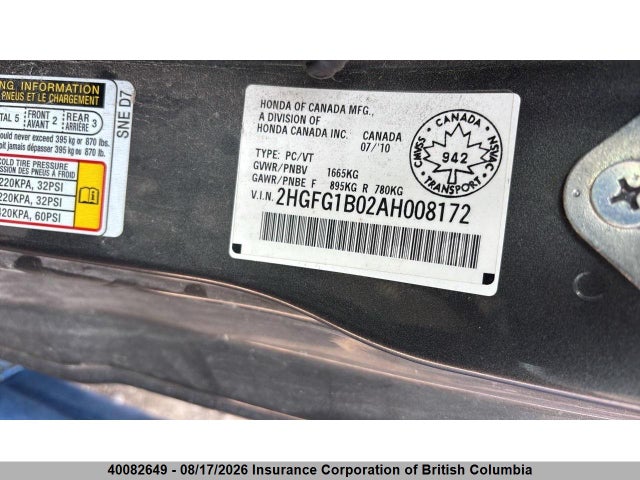 Продаж на аукціоні авто 2010 Honda Civic, vin: 2HGFG1B02AH008172, номер лоту: 40082649