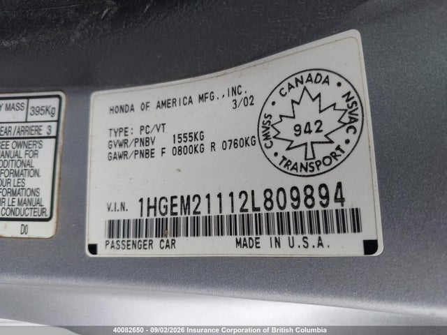 40082650 :رقم المزاد ، 1HGEM21112L809894 vin ، 2002 Honda Civic مزاد بيع