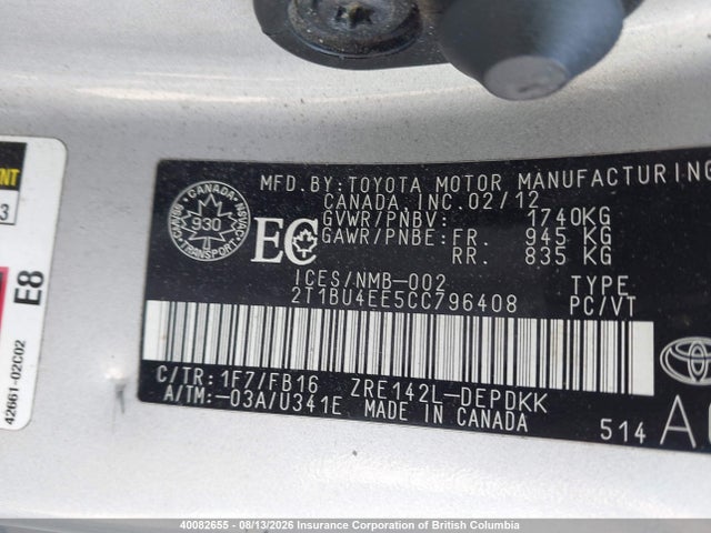 Продажа на аукционе авто 2012 Toyota Corolla Ce, vin: 2T1BU4EE5CC796408, номер лота: 40082655