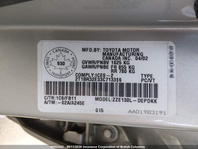 Aukcja sprzedaży 2003 Toyota Corolla Ce/le/sport, vin: 2T1BR32E33C713316, numer aukcji: 40082022