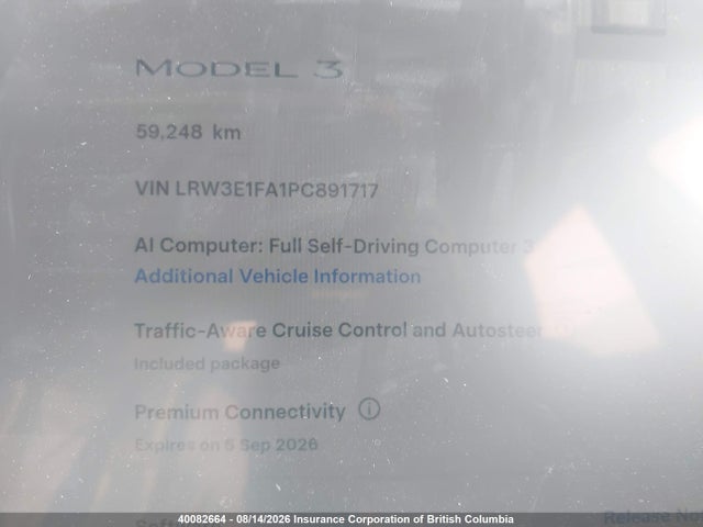 40082664 :رقم المزاد ، LRW3E1FA1PC891717 vin ، 2023 Tesla Model 3 مزاد بيع