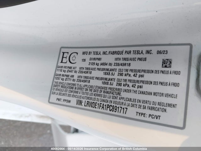 40082664 :رقم المزاد ، LRW3E1FA1PC891717 vin ، 2023 Tesla Model 3 مزاد بيع