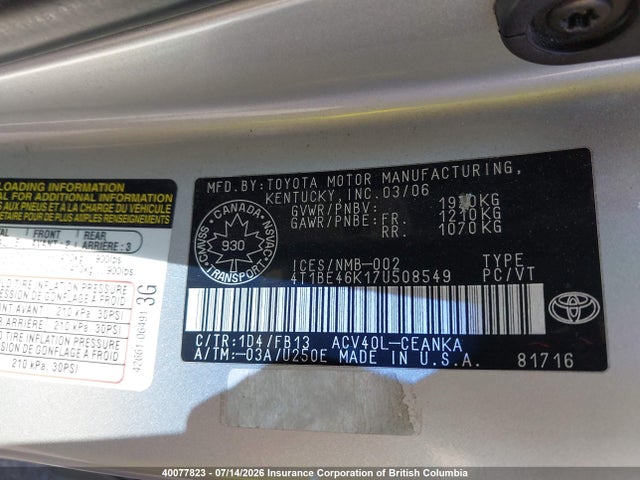 Aukcja sprzedaży 2007 Toyota Camry Ce/le/xle/se, vin: 4T1BE46K17U508549, numer aukcji: 40077823