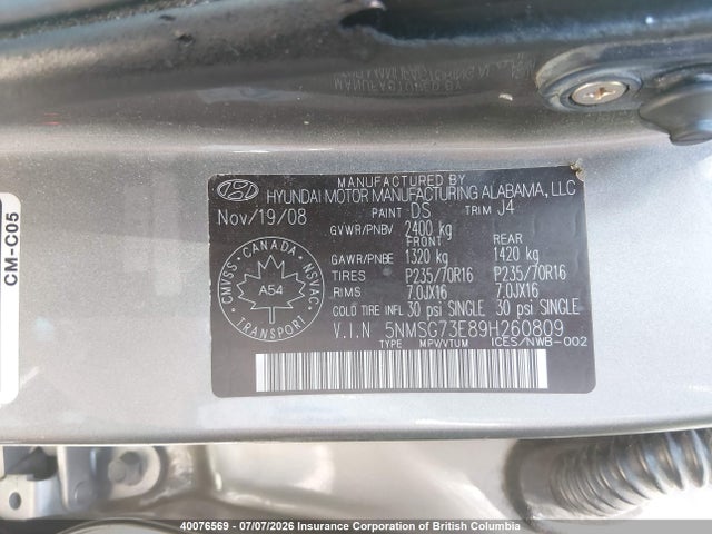 Aukcja sprzedaży 2009 Hyundai Santa Fe Gl, vin: 5NMSG73E89H260809, numer aukcji: 40076569