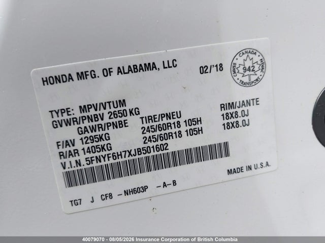 Honda PILOT EXLN 2018 5FNYF6H7XJB501602 Image 19