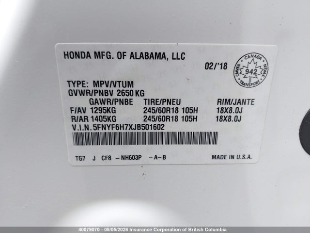 Honda PILOT EXLN 2018 5FNYF6H7XJB501602 Image 9