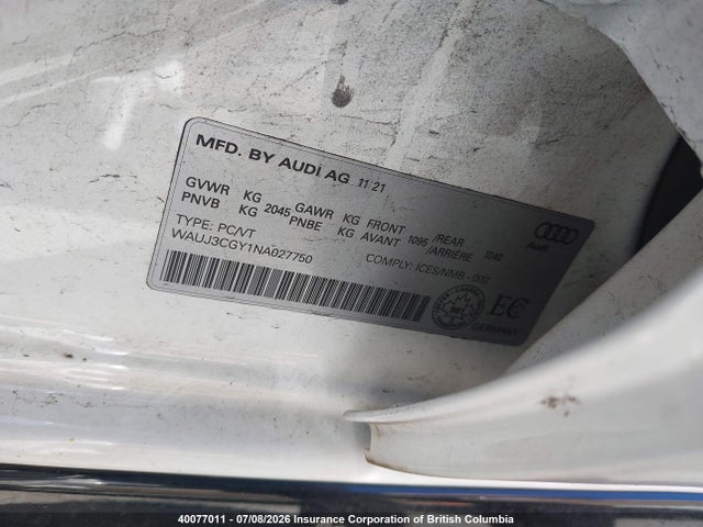 2022 Audi S3 Prestige მანქანა იყიდება აუქციონზე, vin: WAUJ3CGY1NA027750, აუქციონის ნომერი: 40077011
