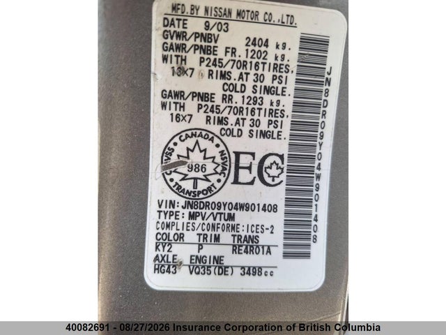 2004 Nissan Pathfinder Se მანქანა იყიდება აუქციონზე, vin: JN8DR09Y04W901408, აუქციონის ნომერი: 40082691