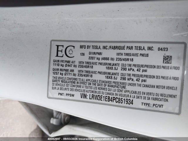 LRW3E1EB4PC851934 Tesla Model 3 Long Range