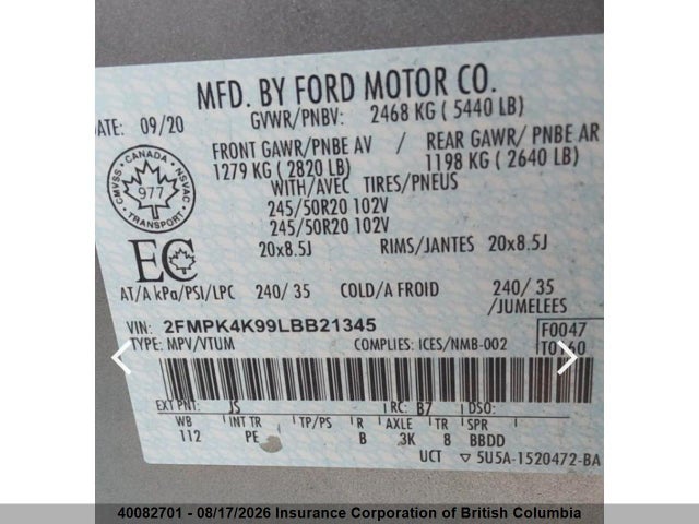 Aukcja sprzedaży 2020 Ford Edge, vin: 2FMPK4K99LBB21345, numer aukcji: 40082701