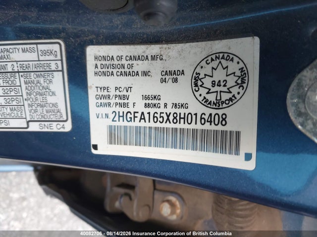 40082706 :رقم المزاد ، 2HGFA165X8H016408 vin ، 2008 Honda Civic مزاد بيع