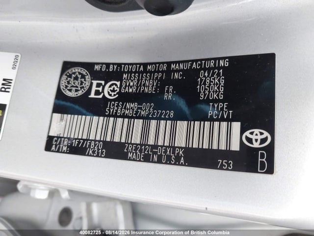 40082725 :رقم المزاد ، 5YFBPMBE7MP237228 vin ، 2021 Toyota Corolla Le مزاد بيع
