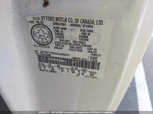 40082731 :رقم المزاد ، 2FTRF17253CA00673 vin ، 2003 Ford F150 مزاد بيع