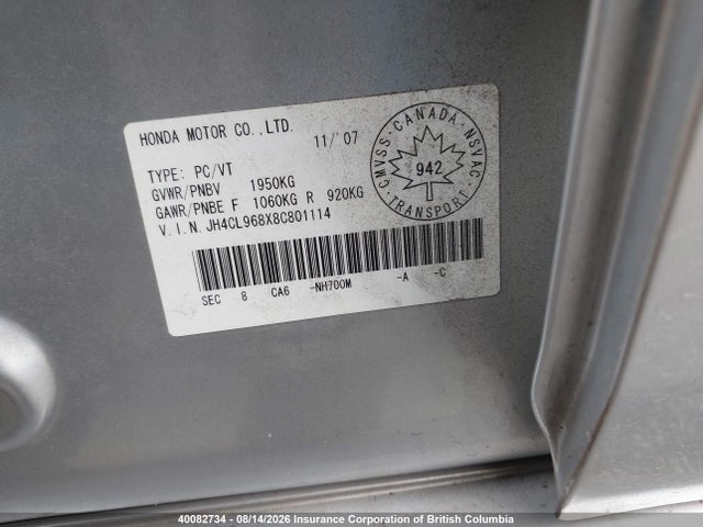 Продаж на аукціоні авто 2008 Acura Tsx, vin: JH4CL968X8C801114, номер лоту: 40082734