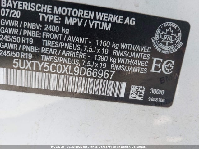BMW X3 2020 5UXTY5C0XL9D66967 Image 9
