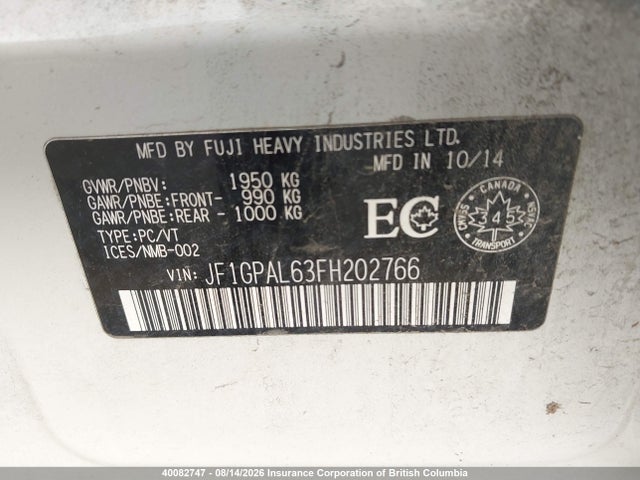 Aukcja sprzedaży 2015 Subaru Impreza Premium, vin: JF1GPAL63FH202766, numer aukcji: 40082747