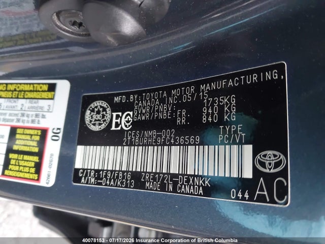 2015 Toyota Corolla L/le/le Pls/prm/s/s Pls მანქანა იყიდება აუქციონზე, vin: 2T1BURHE9FC436569, აუქციონის ნომერი: 40078153