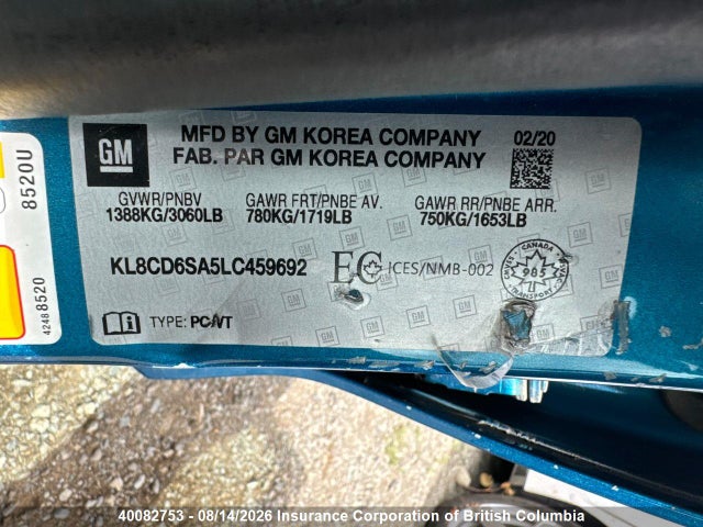 40082753 :رقم المزاد ، KL8CD6SA5LC459692 vin ، 2020 Chevrolet Spark مزاد بيع