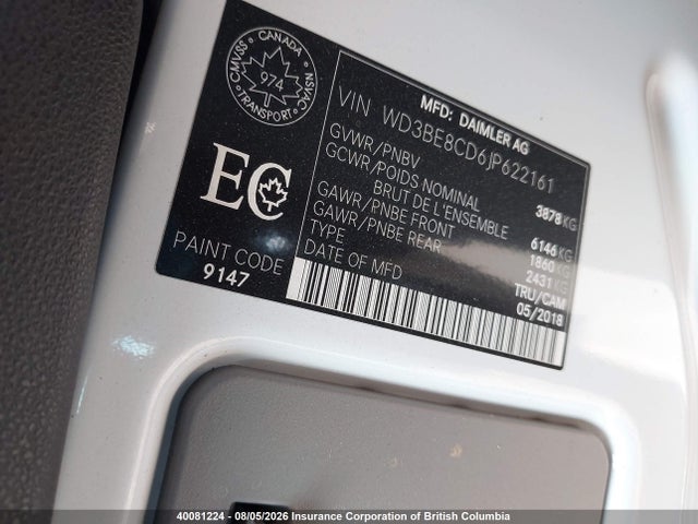 Продажа на аукционе авто 2018 Mercedes-benz Sprinter 2500, vin: WD3BE8CD6JP622161, номер лота: 40081224