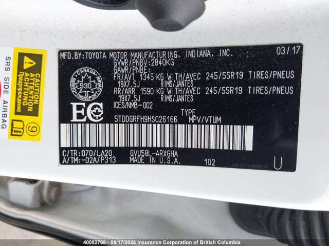 Aukcja sprzedaży 2017 Toyota Highlander Hybrid Ltd Platinum, vin: 5TDDGRFH9HS026166, numer aukcji: 40082768