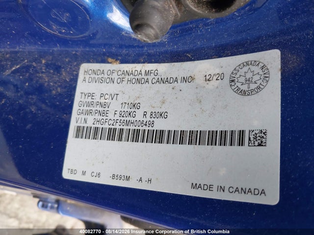 2021 Honda Civic მანქანა იყიდება აუქციონზე, vin: 2HGFC2F56MH006498, აუქციონის ნომერი: 40082770