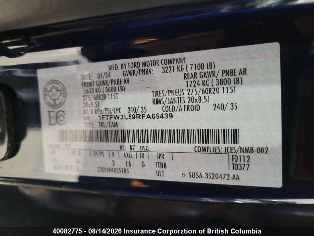 Продажа на аукционе авто 2024 Ford F150, vin: 1FTFW3L59RFA65439, номер лота: 40082775