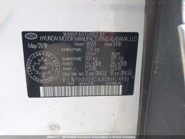 Продаж на аукціоні авто 2019 Hyundai Santa Fe Luxury, vin: 5NMS3CAA0KH124930, номер лоту: 40082777