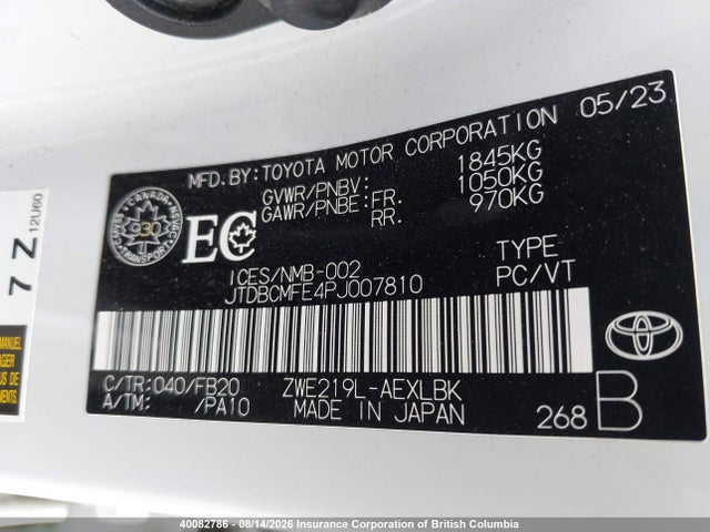 40082786 :رقم المزاد ، JTDBCMFE4PJ007810 vin ، 2023 Toyota Corolla Le/se/xle مزاد بيع