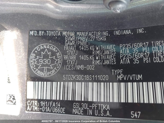 Aukcja sprzedaży 2011 Toyota Sienna, vin: 5TDZK3DC1BS111020, numer aukcji: 40082787