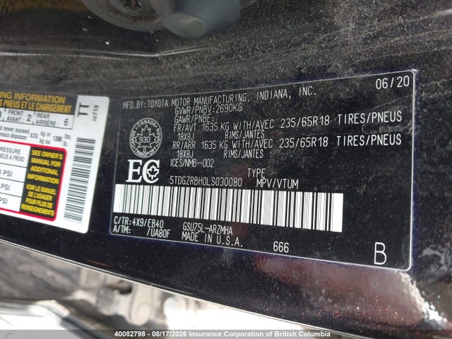 2020 Toyota Highlander Xle მანქანა იყიდება აუქციონზე, vin: 5TDGZRBH0LS030080, აუქციონის ნომერი: 40082798