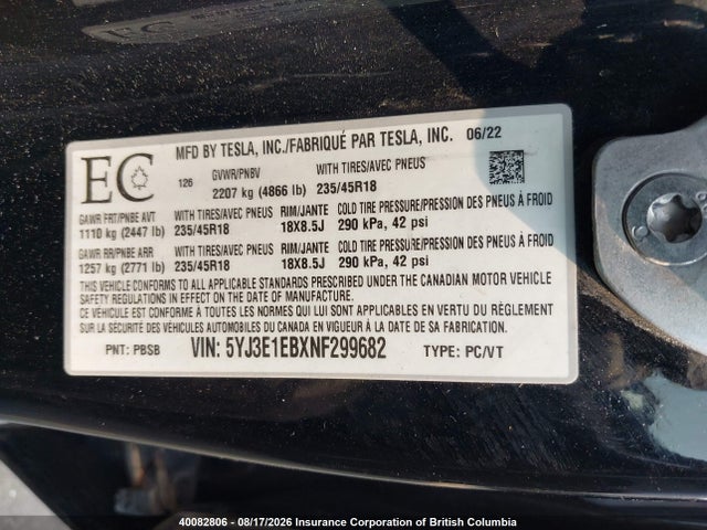 Продажа на аукционе авто 2022 Tesla Model 3 Long Range, vin: 5YJ3E1EBXNF299682, номер лота: 40082806