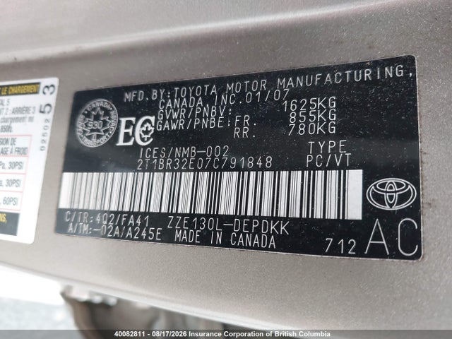 Продажа на аукционе авто 2007 Toyota Corolla Ce/le/s, vin: 2T1BR32E07C791848, номер лота: 40082811