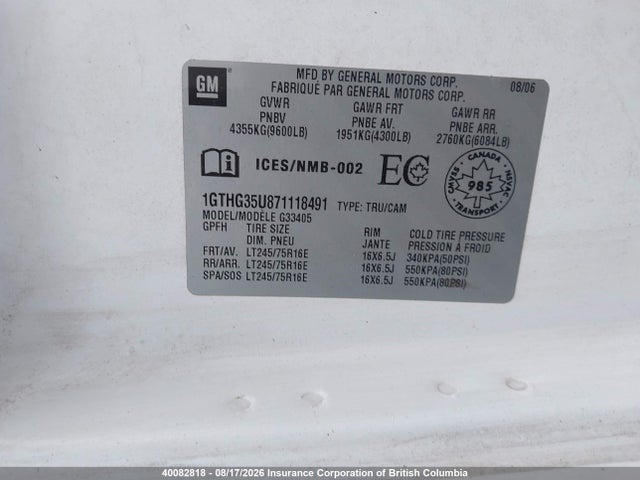 2007 Gmc Savana G3500 მანქანა იყიდება აუქციონზე, vin: 1GTHG35U871118491, აუქციონის ნომერი: 40082818