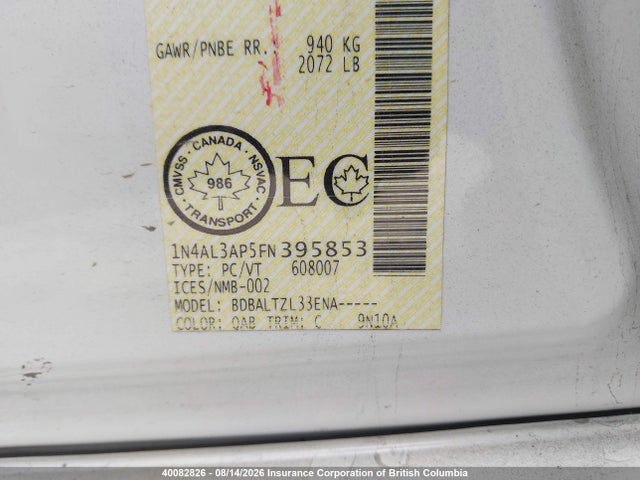 40082826 :رقم المزاد ، 1N4AL3AP5FN395853 vin ، 2015 Nissan Altima 2.5/s/sv/sl مزاد بيع