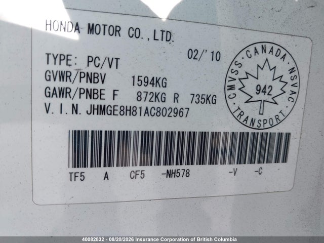 40082832 :رقم المزاد ، JHMGE8H81AC802967 vin ، 2010 Honda Fit مزاد بيع