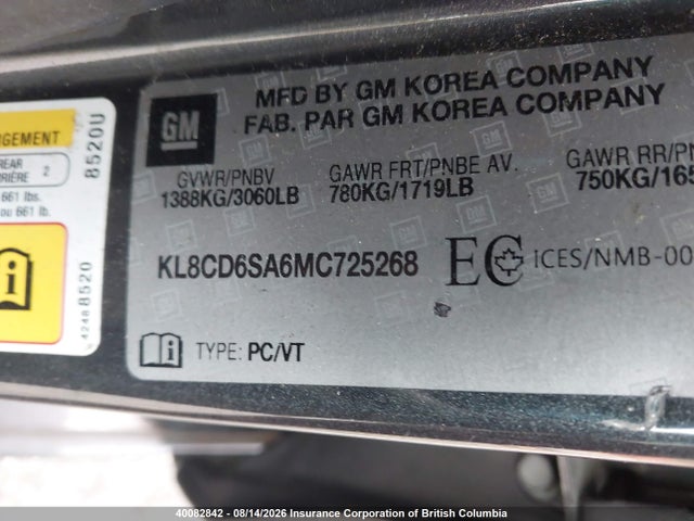 40082842 :رقم المزاد ، KL8CD6SA6MC725268 vin ، 2021 Chevrolet Spark مزاد بيع