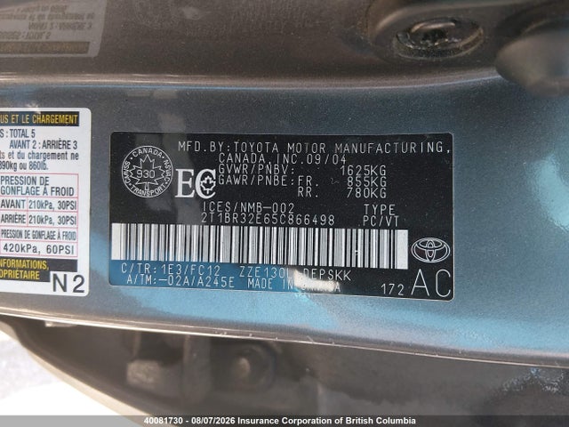 Продаж на аукціоні авто 2005 Toyota Corolla Ce/le/s, vin: 2T1BR32E65C866498, номер лоту: 40081730