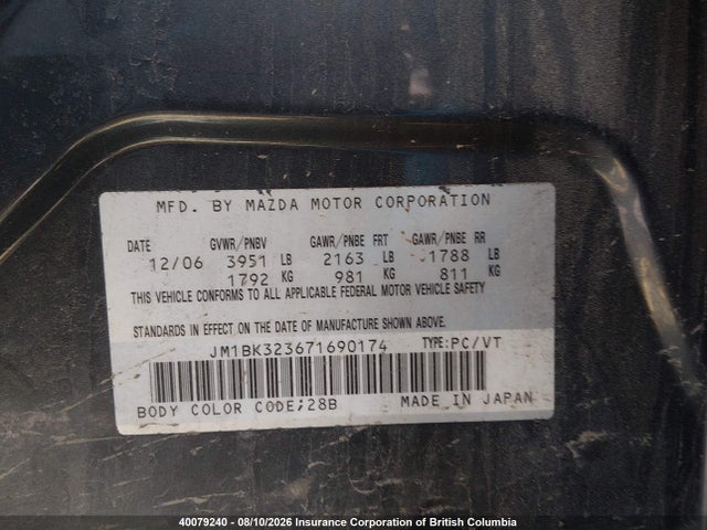 40079240 :رقم المزاد ، JM1BK323671690174 vin ، 2007 Mazda 3 S مزاد بيع