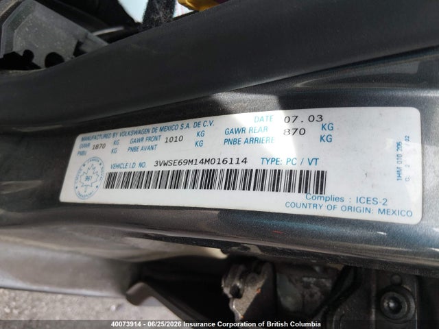 Aukcja sprzedaży 2004 Volkswagen Jetta Gls, vin: 3VWSE69M14M016114, numer aukcji: 40073914