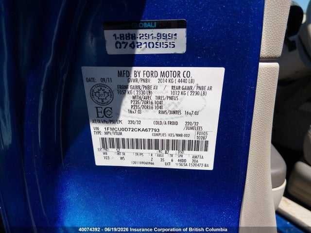 40074392 :رقم المزاد ، 1FMCU0D72CKA67793 vin ، 2012 Ford Escape Xlt مزاد بيع