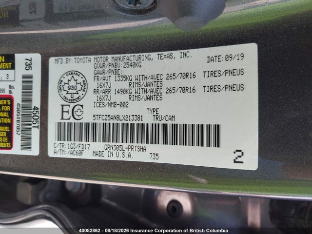 Продаж на аукціоні авто 2020 Toyota Tacoma, vin: 5TFCZ5AN8LX213381, номер лоту: 40082862