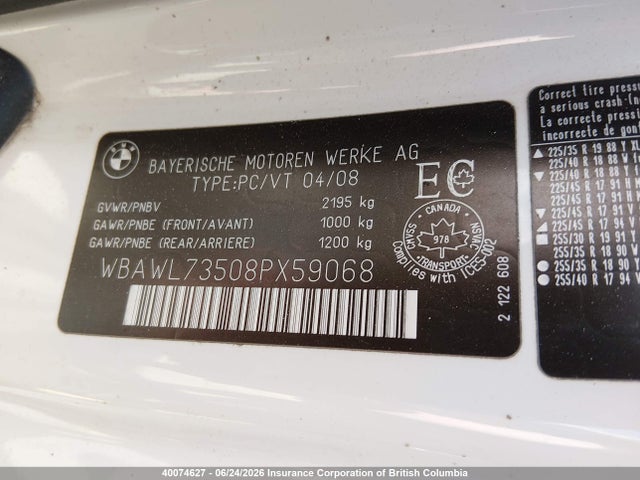 40074627 :رقم المزاد ، WBAWL73508PX59068 vin ، 2008 Bmw 335 I مزاد بيع